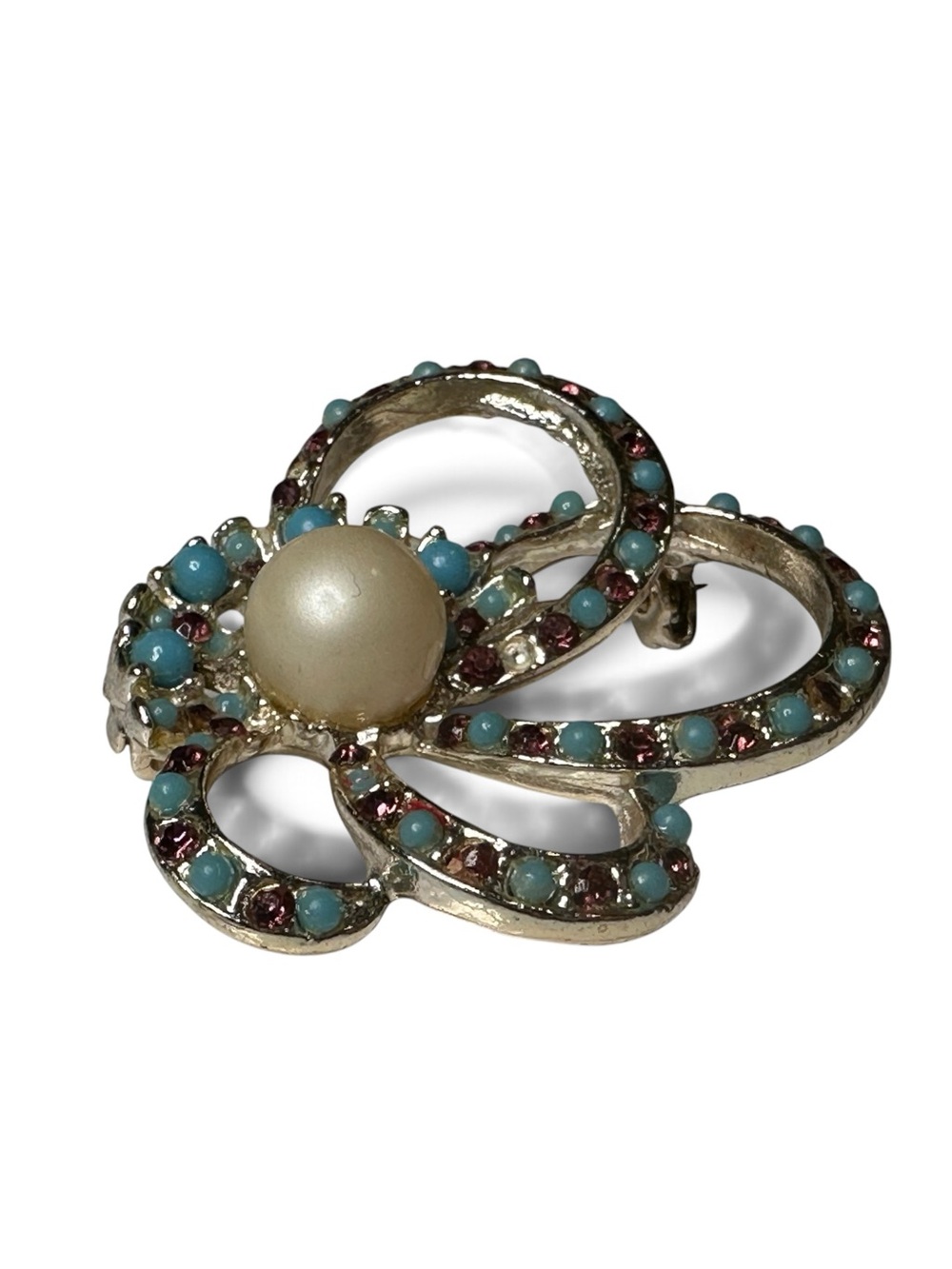 Vintage Silver Tone Faux Pearl Flower Brooch with Blue and Pink Stones